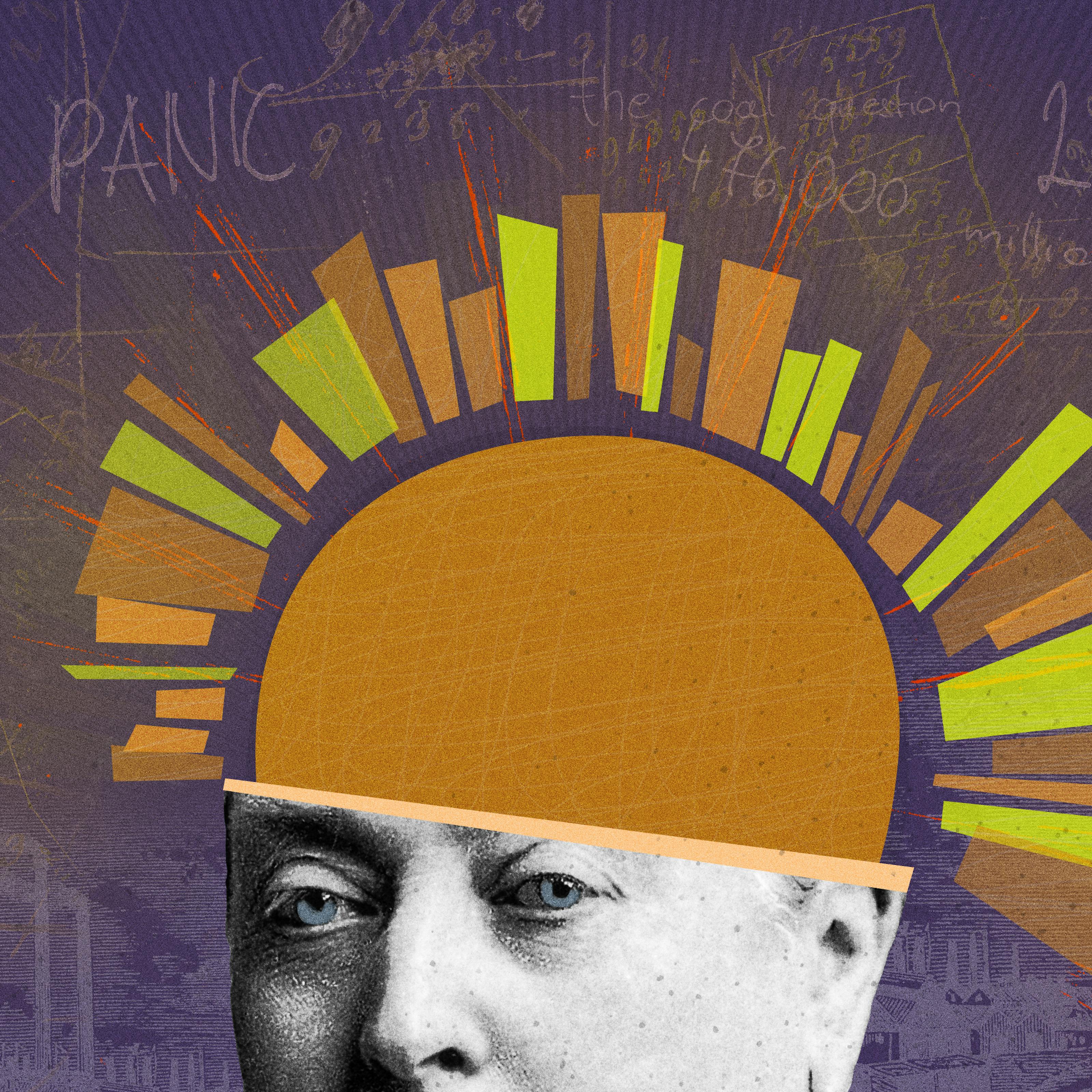 Mixed media digital artwork combining found imagery from vintage magazines and books with painted and textured elements. The overall hues are purples, oranges and yellows. The illustration is split in two by a purple and yellow line running vertically through the image at a slight angle. On the right side of this line is a black and white archive photograph of Queen Victoria looking slightly off to camera left. The top half of her head has been replaced with an orange dome representative of a sun. Her necklace has been coloured purple and the sash over her left shoulder is coloured pink. She is pictured against a purple background which is covered in hand written text and an image of the smoking chimneys of coal mined. On the left side of the vertical lines, the image of Queen Victoria is duplicated and enlarged to reveal it in more detail. Her blue eyes can now be seen and there are yellow and orange rays emanating from the sun.