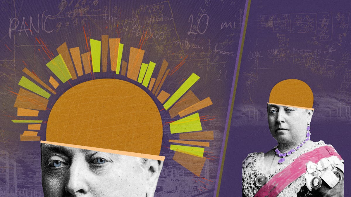 Mixed media digital artwork combining found imagery from vintage magazines and books with painted and textured elements. The overall hues are purples, oranges and yellows. The illustration is split in two by a purple and yellow line running vertically through the image at a slight angle. On the right side of this line is a black and white archive photograph of Queen Victoria looking slightly off to camera left. The top half of her head has been replaced with an orange dome representative of a sun. Her necklace has been coloured purple and the sash over her left shoulder is coloured pink. She is pictured against a purple background which is covered in hand written text and an image of the smoking chimneys of coal mined. On the left side of the vertical lines, the image of Queen Victoria is duplicated and enlarged to reveal it in more detail. Her blue eyes can now be seen and there are yellow and orange rays emanating from the sun.