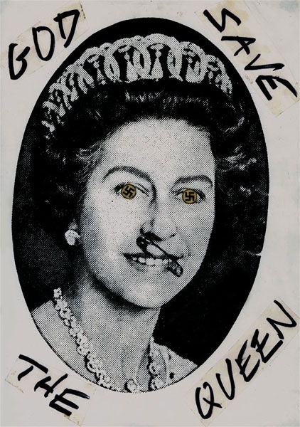 Queen Elizabeth II appears with swastikas for eyes and with a safety pin through her nose.