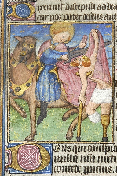 Detail from a 15th century French manuscript, showing a man on a horse being approached by a scantily clad man with both legs amputated below the knee. One leg has a 'cupped' prosthetic attachment, the other stump is bandaged and he uses a crutch to support that side. The man of the horse uses his sword to tear off a piece of his cloak to give to the disabled man.