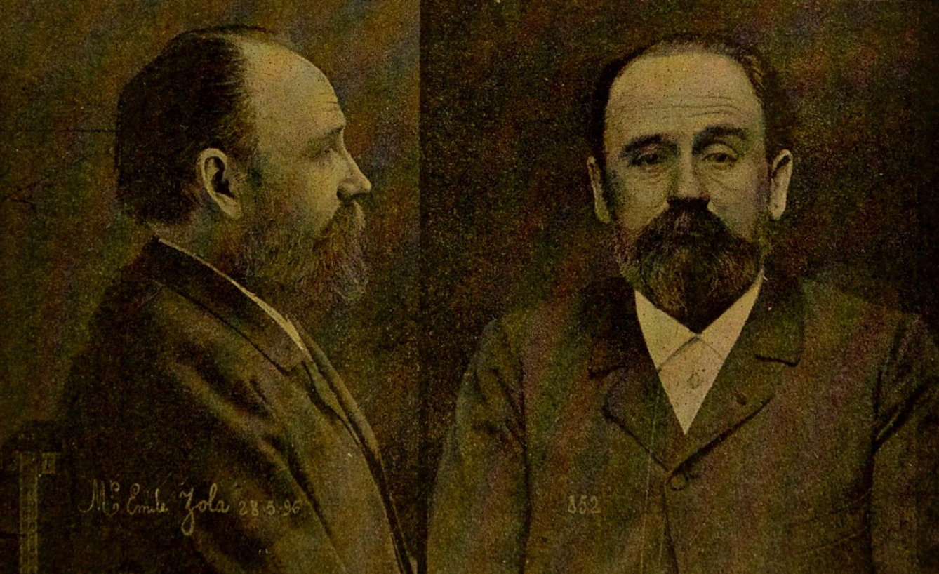 Two black and white photos of Emile Zola; one face on to camera, the other in profile.