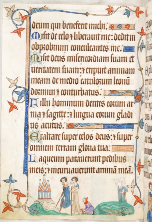 An illuminated page of latin text from a 12th century psalm book, 'The Luttrell Psalter'.  At the bottom of the page is an illustration of two medieval figures, one with crutches and one with a staff, follwed by a man on his knees supporting himself with a pair of tressles. They are going towards a church or religious site of pilgrimage. Some distance behind them a nun, possibly the Virgin Mary stands with one hand raised.