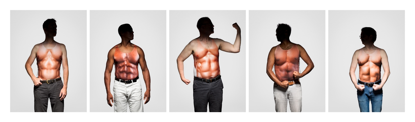 Photograph of five photographs in a horizontal line, each one shows a man from the thigh up wearing a vest which has a very muscly male torso printed on it. Each man is pulling a stance to show off his muscles. Each man's face is hidden in shadow.