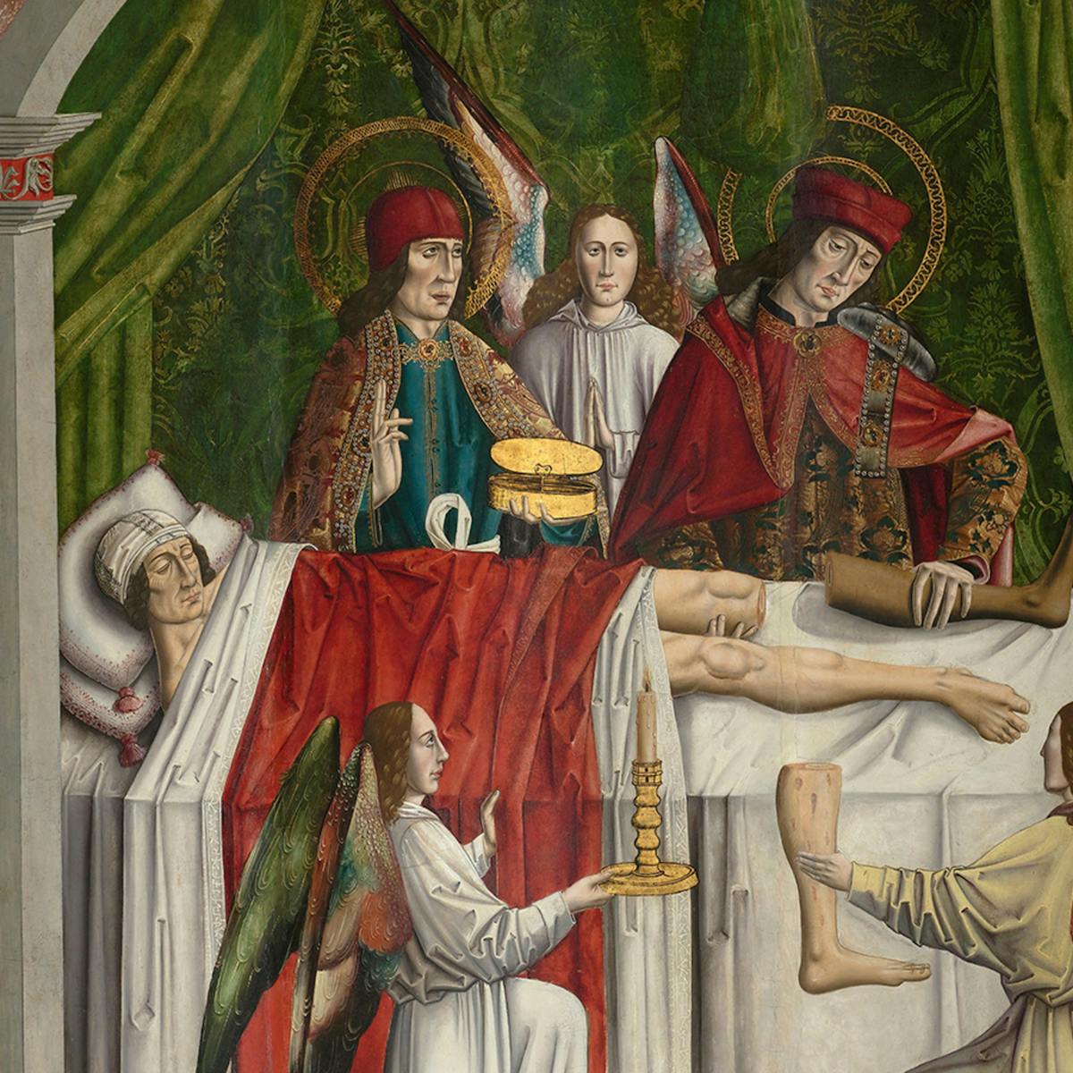 A verger’s dream: Saints Cosmas and Damian performing a miraculous cure by transplantation of a leg. Oil painting attributed to the Master of Los Balbases, ca. 1495.