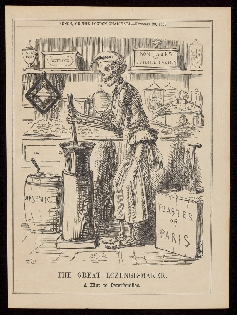 Black and white line drawing showing a skeleton mixing up a poisonous brew, with a barrel labelled ‘arsenic’ close by.