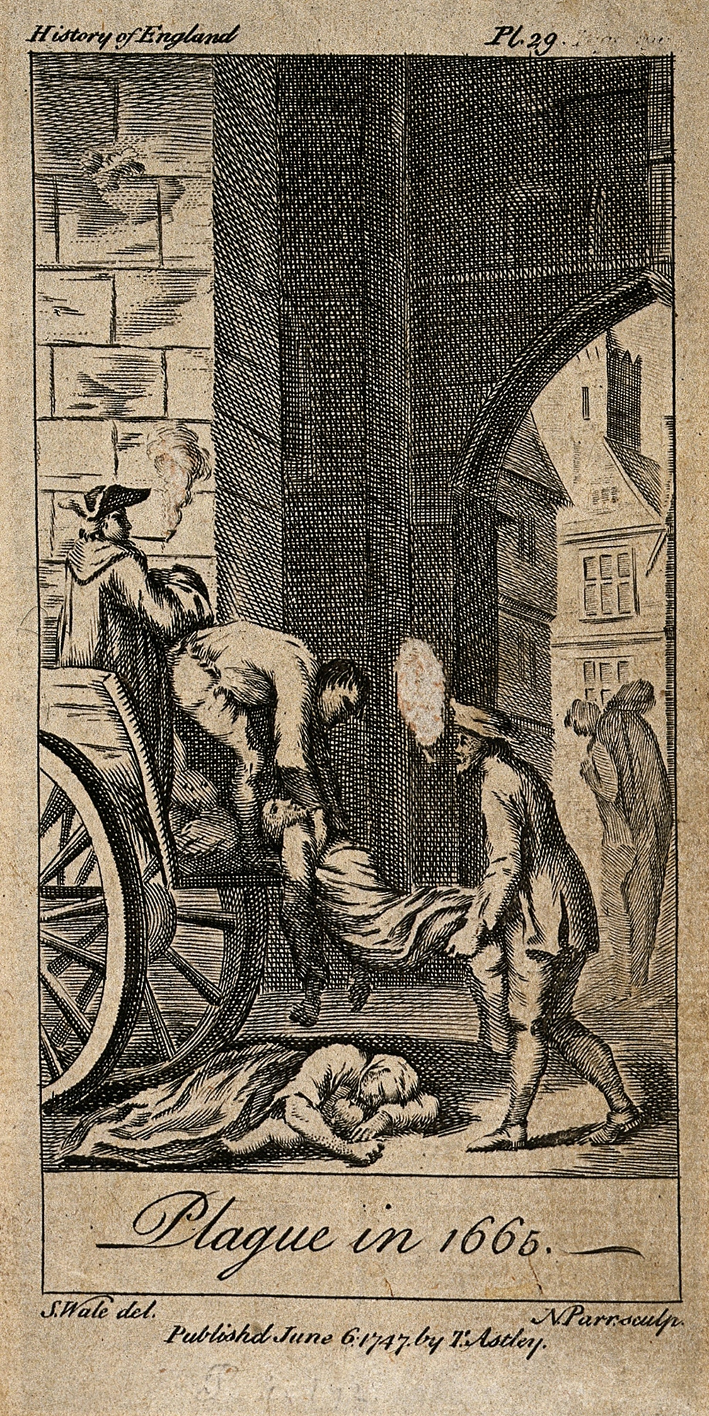 Victims of the plague in 1665 being lifted on to death carts