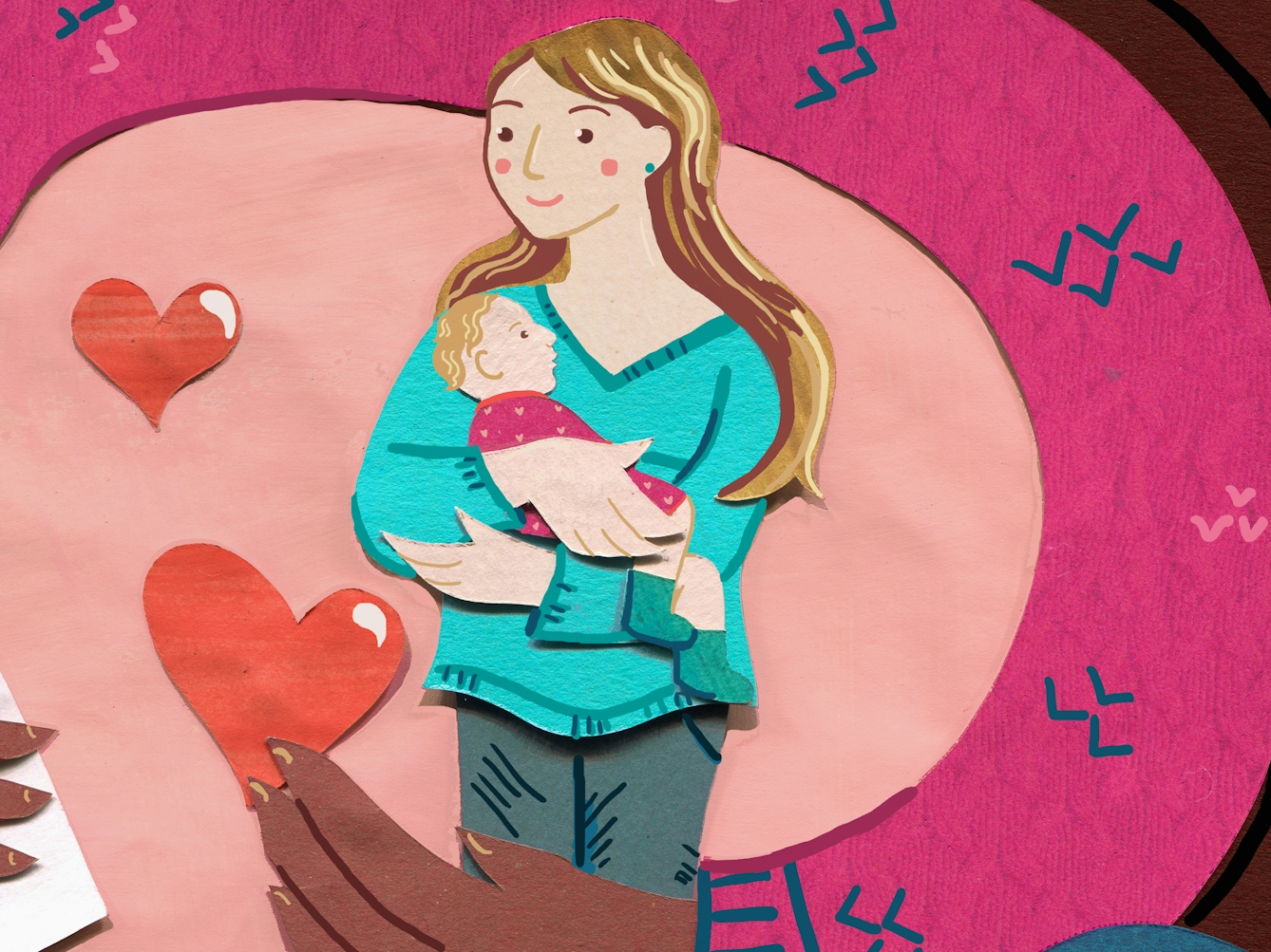 A mixed media illustration depicting a white mother carrying a child. She is being embraced by an arm, with the hand holding a red love heart.