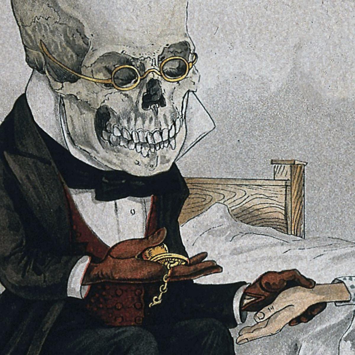 Colour drawing of a person with a bare skull for a head wearing glasses and a frock-coat and using a pocketwatch to take the pulse of the patient whose hand they are holding. 