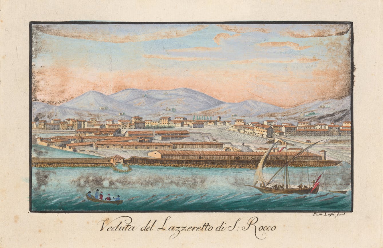 Photograph of a coloured etching from 1824 titled, Veduta del lazzeretto di S. Rocco. Pom Lapi scul. The etching shows a panoramic view of a harbour scene with small boats in the foreground.
