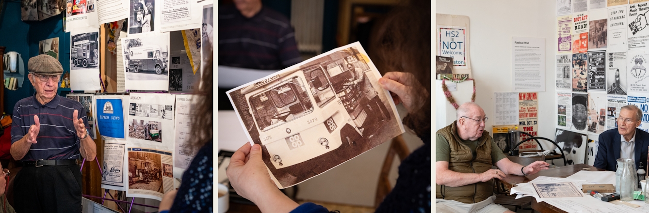 Photographic triptych of square photographs showing a workshop taking place in a community space. The left image shows a man talking next to a large display frame covered in printed material. His arms are raise in mid conversation. The centre image shows close-up of a pair of hands holding an archive photograph. The photograph shows a milkman stood next to his CoOp milk float. The image on the right shows two older men sat around a table in mid conversation.