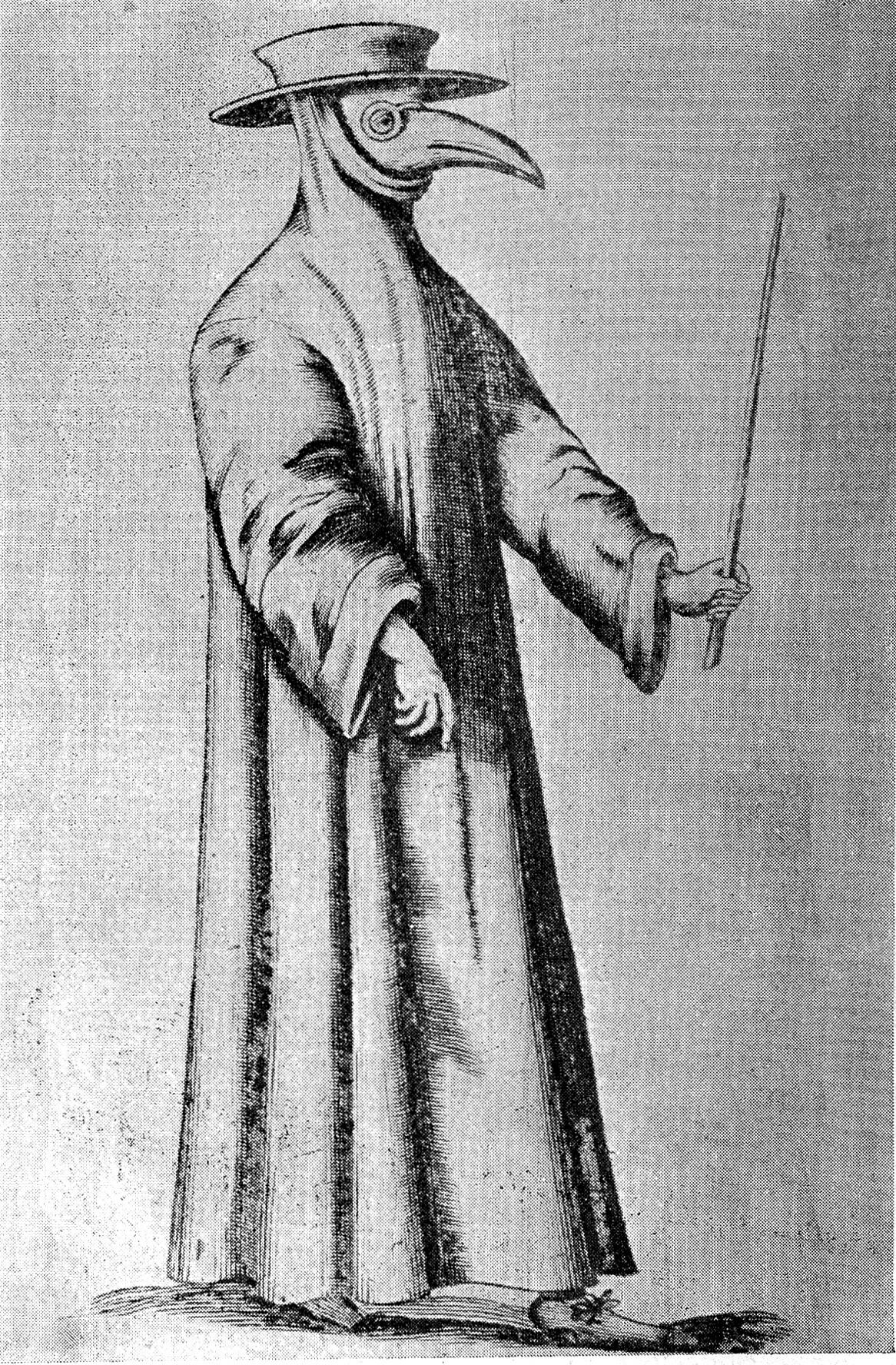 Black and white engraving of the the figure of a human, dressed in a long robe, with a mask in the shape of a long, curved bird's beak.