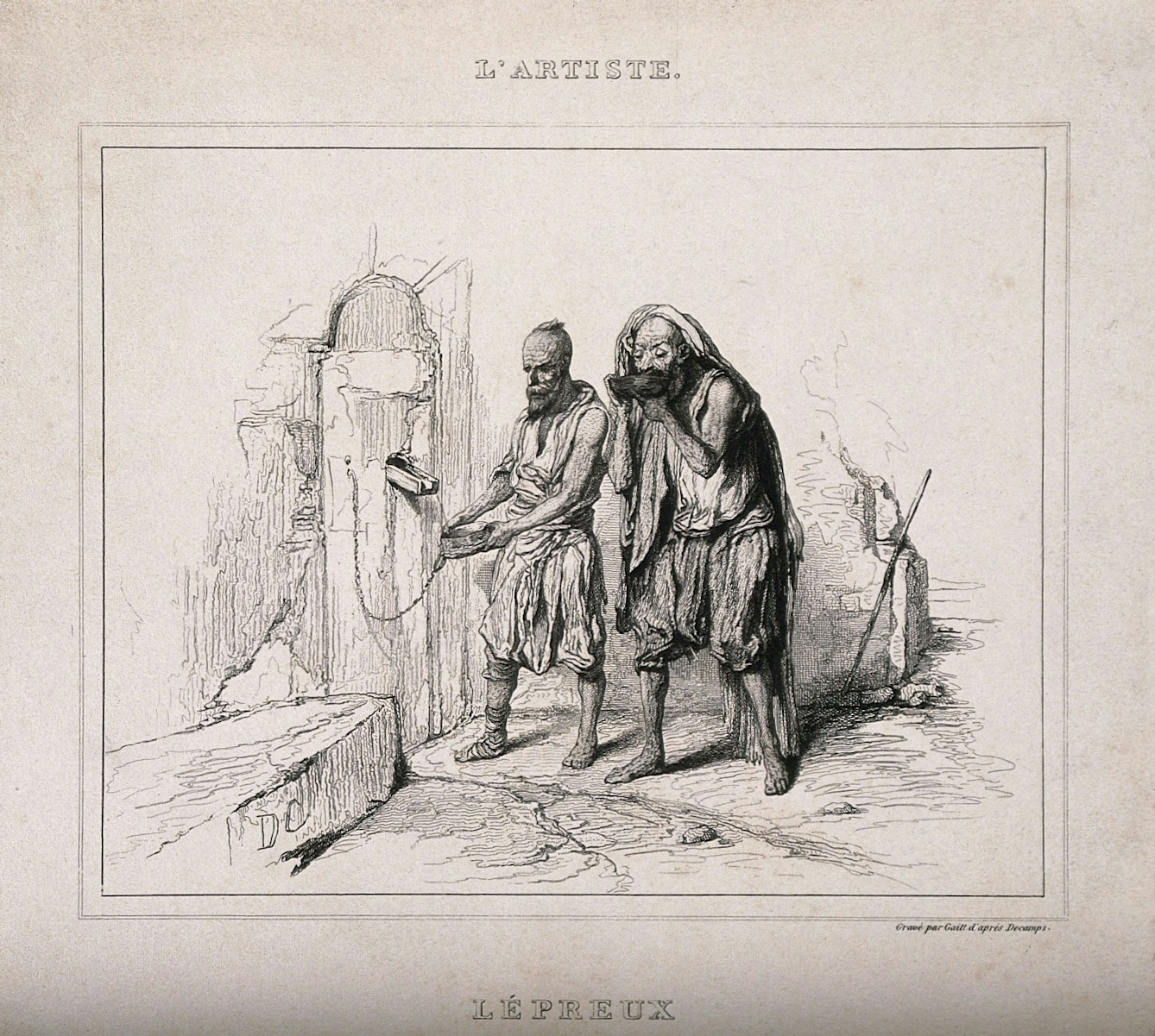 Black and white etching of two lepers receiving food through a wall. 