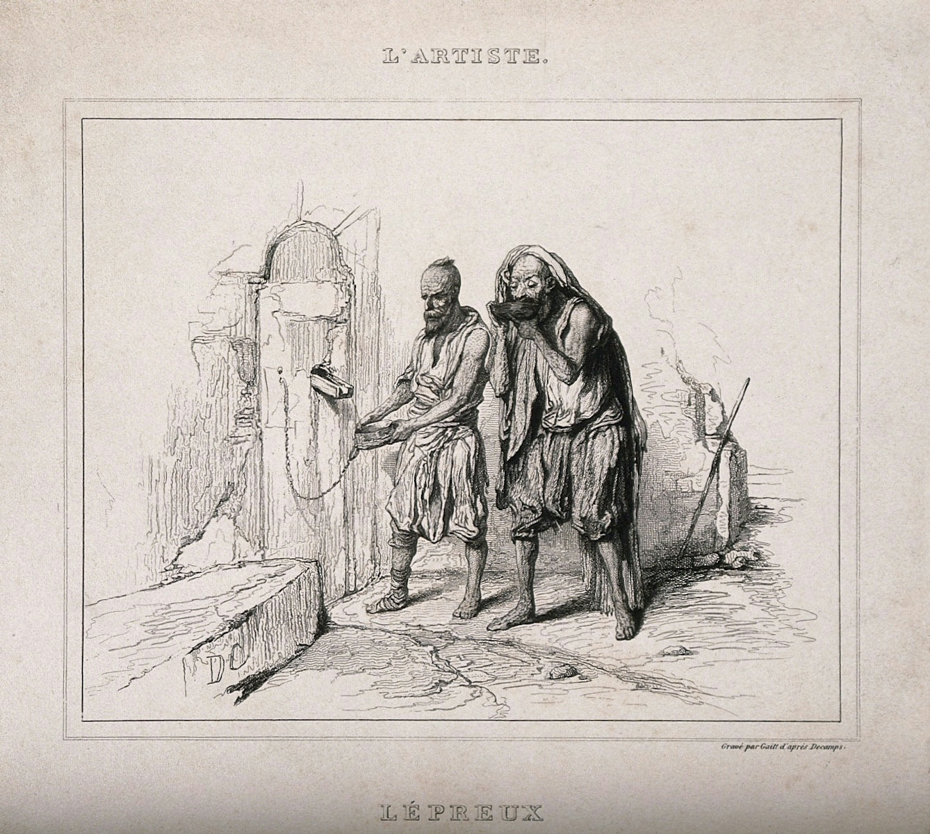 Black and white etching of two lepers receiving food through a wall.