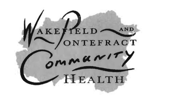 Black and white logo on a grey background that could be the shape of a map area. The text script is a mixture of swirly and straight and reads "Wakefield and Pontefract Community Health"