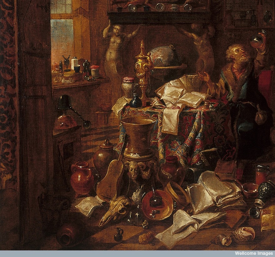 Oil painting of a physician-virtuoso in his cabinet, examining a flask of urine