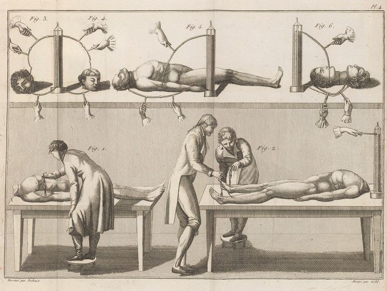 Line drawing of corpses on tables with men bending over them with small implements.