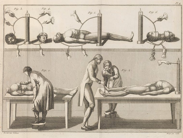 Line drawing of corpses on tables with men bending over them with small implements.