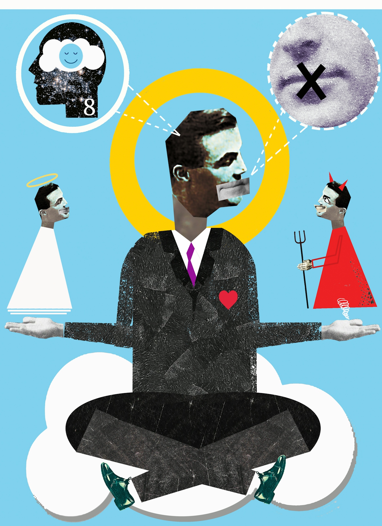 Illustration using a montage technique combining monotone photographs and colour graphics, showing a man sat cross-legged on a cloud, hands held out to either side. One his right hand hovers a small angelic version of himself. On his left hand hovers a small demonic version of himself. Above his head in thought circles are, on the right, a mouth with a black cross over the lips and on the left, a head with a tranquil blue smilie face with its eye's shut.