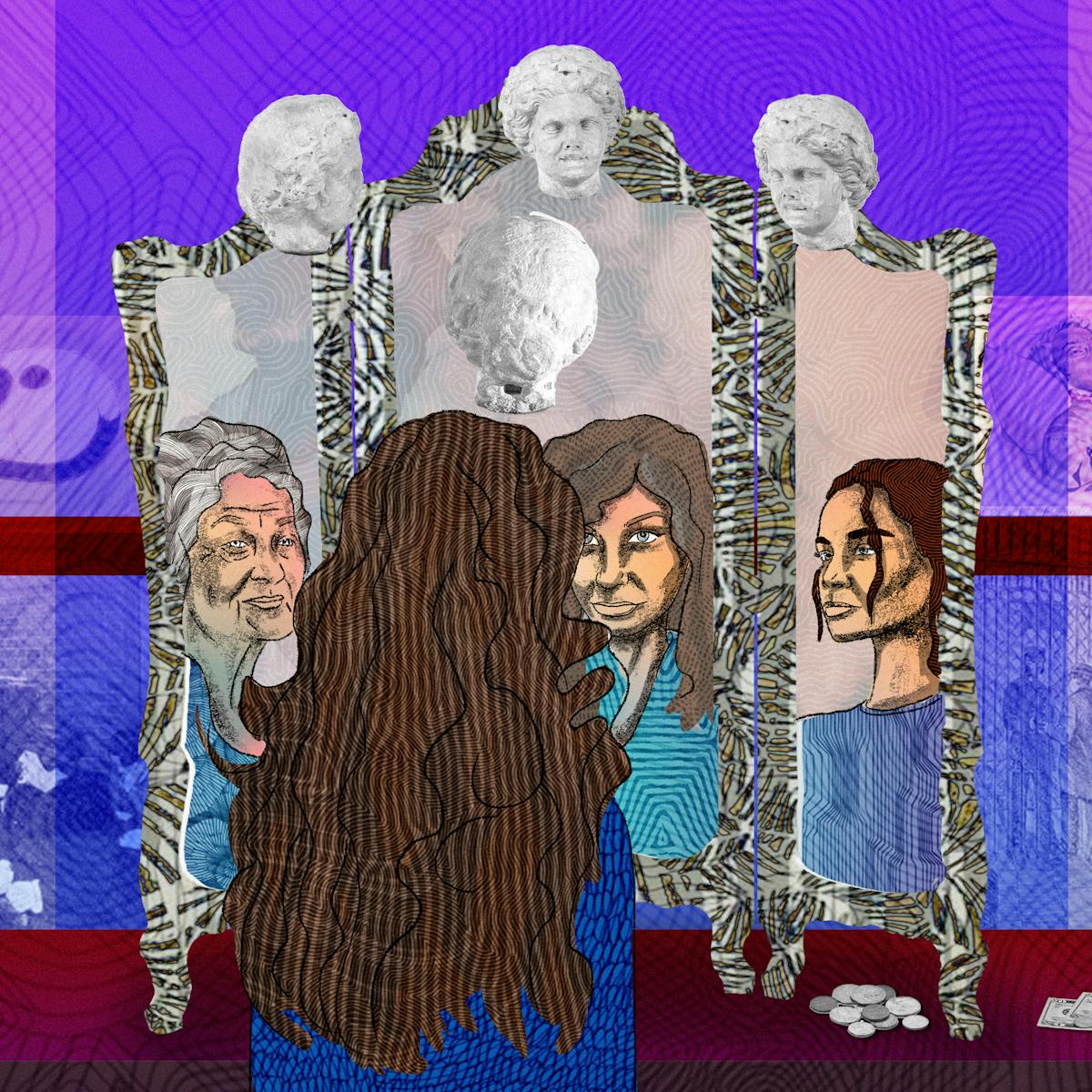 An abstract digital illustration depicting a woman with long hair looking into a dressing table mirror which has three angled sides. Looking back from the mirror is her own reflection as well as those of her mother and her daughter. Surrounding the mirror are images of medication, money and bills as well as a figure representing death. Overall colours for the scene are purples, blues and maroons.