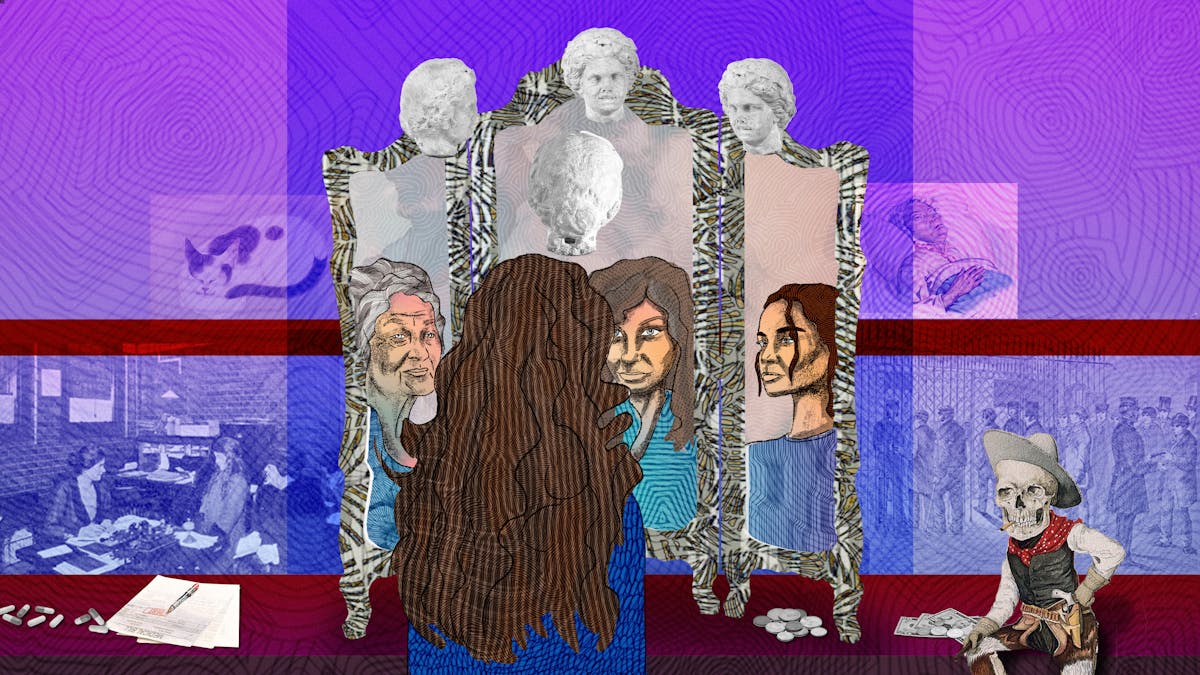 An abstract digital illustration depicting a woman with long hair looking into a dressing table mirror which has three angled sides. Looking back from the mirror is her own reflection as well as those of her mother and her daughter. Surrounding the mirror are images of medication, money and bills as well as a figure representing death. Overall colours for the scene are purples, blues and maroons.