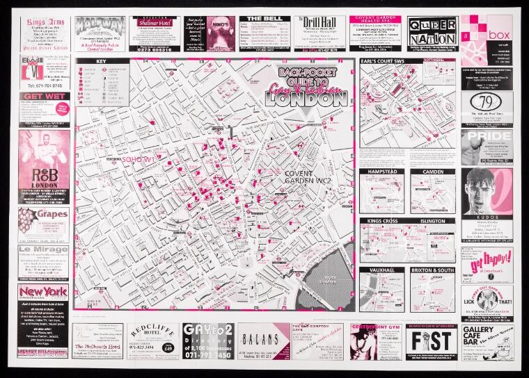 Image of map of London with black, white and pink graphics. Adverts for events and businesses line the side of the map