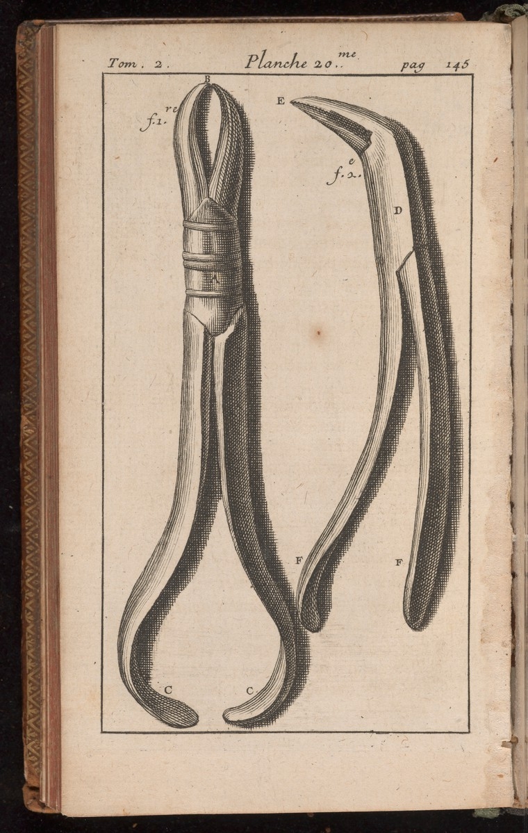 Black and white illustration of a pair of dental forceps.