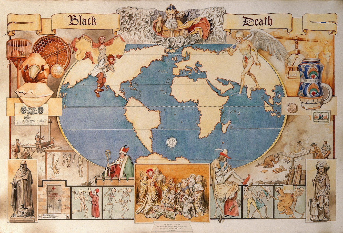 Watercolour map showing the history and distribution of the black death around the world