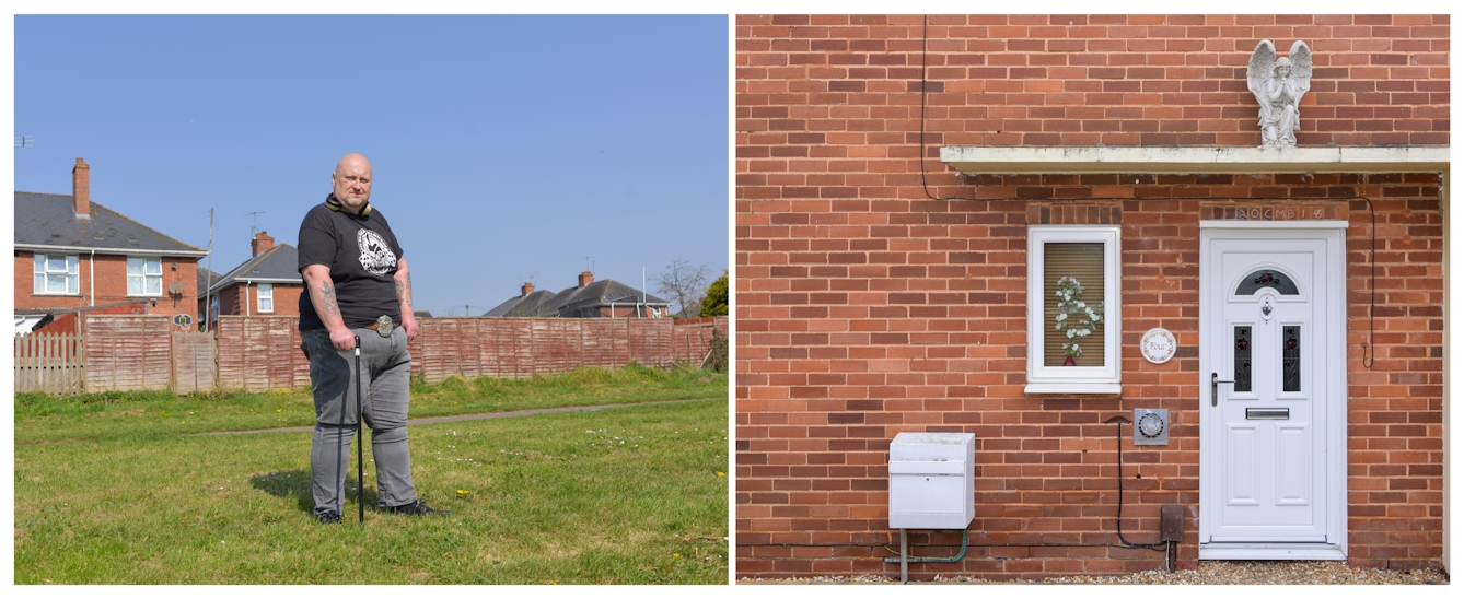 A photographic diptych. The image on the left shows a man with a shaved head, grey jeans, a black t-shirt, tattooed arms and large gold headphones around his neck. The man leans on a black walking cane and faces the camera on an area of rough grass beyond which garden fences and red brick houses can be seen. The image on the right shows a red brick house with a white PVC window and door above which there is a concrete canopy, on which stands an ornamental stone angel praying