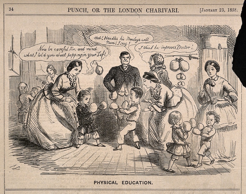 Wood engraving of boys with boxing gloves surrounded by adults.