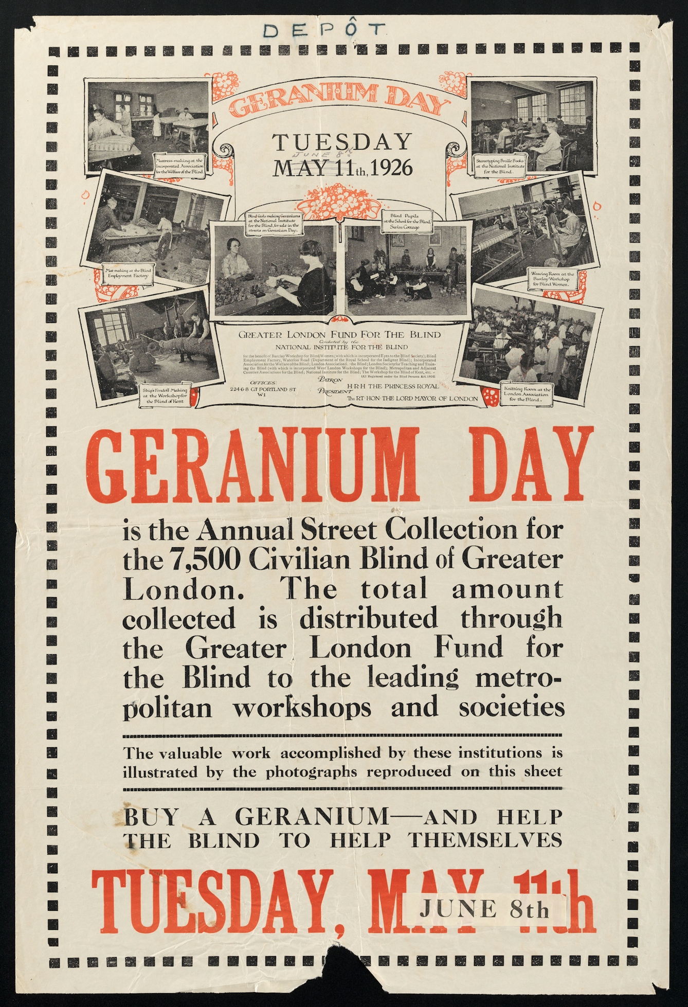 A promotional poster from 1926 for 'Geranium Day', featuring black and red typography and a selection of small black and white photographs. Part of the text reads, "Buy a geranium - and help the blind to help themselves'.