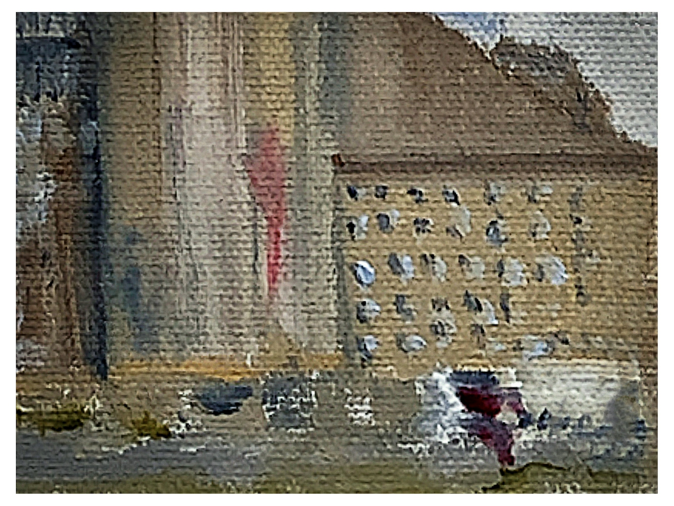 Photograph of a detail of a larger oil on canvas painting. The painting has been created with bold, think, textured brush strokes in a semi-abstract manner. The scene depicted is of Battersea Power Station in London. The scene shows the power station after having been decommissioned and shows signs of dilapidation.