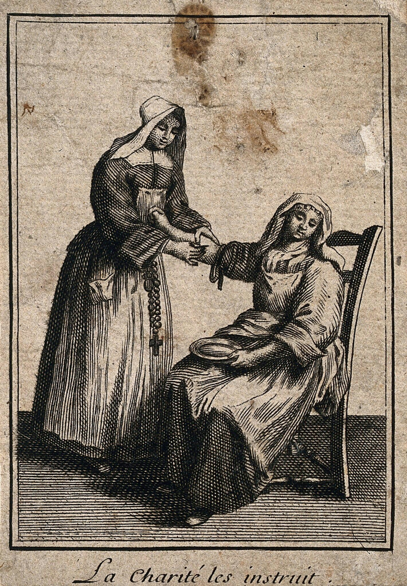 Black and white line engraving showing a seated woman looking away and holding a bowl in one hand under the opposite arm, which is raised and being held and cut by a standing woman wearing a nun's habit. 