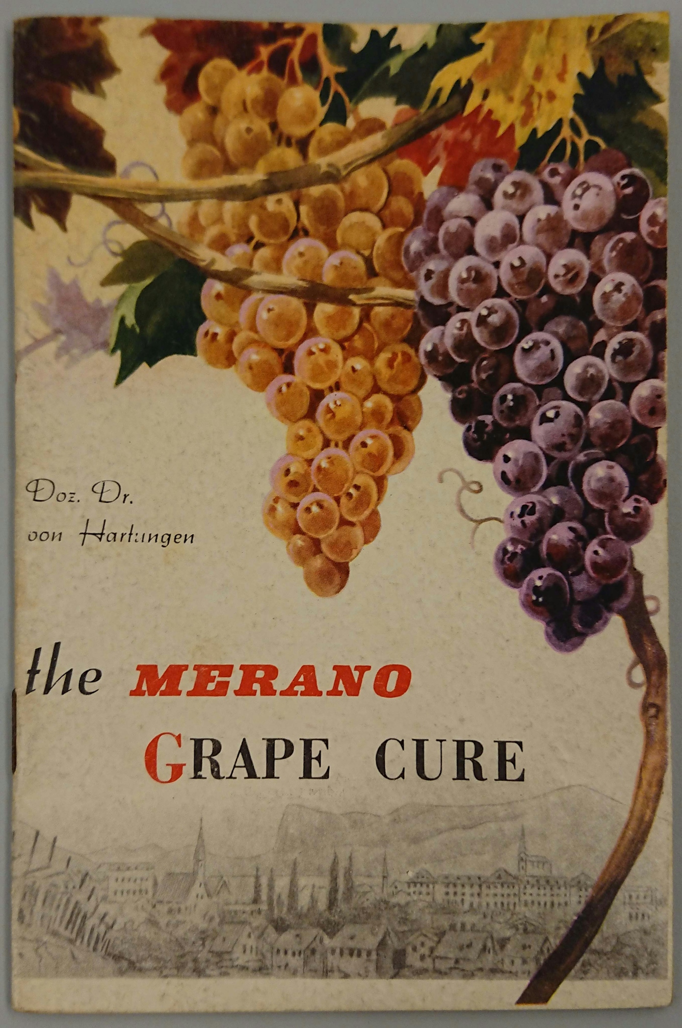 Cover of a book entitled 'The Merano Grape Cure', featuring two bunches of grapes, one dark and one pale.