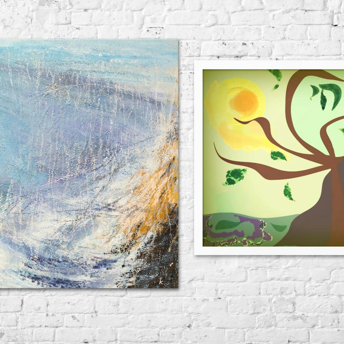 Photograph of a whitewashed brick wall where the paint is flaking in places. Hung on the wall are two artworks. The artwork on the left is a large square oil painting on canvas, depicting an abstract landscape made up of textured brush strokes in blue, yellow and purple hues. The artwork on the right is framed in a simple white frame and depicts a digital artwork of a tree with swirling branches, green leaves dotted between the branches seemingly in mid air. The sky is a light green hue and a golden yellow sun radiates in the top right corner. At the base of the artwork is a line of distant green hills.