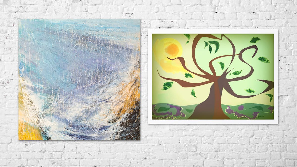 Photograph of a whitewashed brick wall where the paint is flaking in places. Hung on the wall are two artworks. The artwork on the left is a large square oil painting on canvas, depicting an abstract landscape made up of textured brush strokes in blue, yellow and purple hues. The artwork on the right is framed in a simple white frame and depicts a digital artwork of a tree with swirling branches, green leaves dotted between the branches seemingly in mid air. The sky is a light green hue and a golden yellow sun radiates in the top right corner. At the base of the artwork is a line of distant green hills.