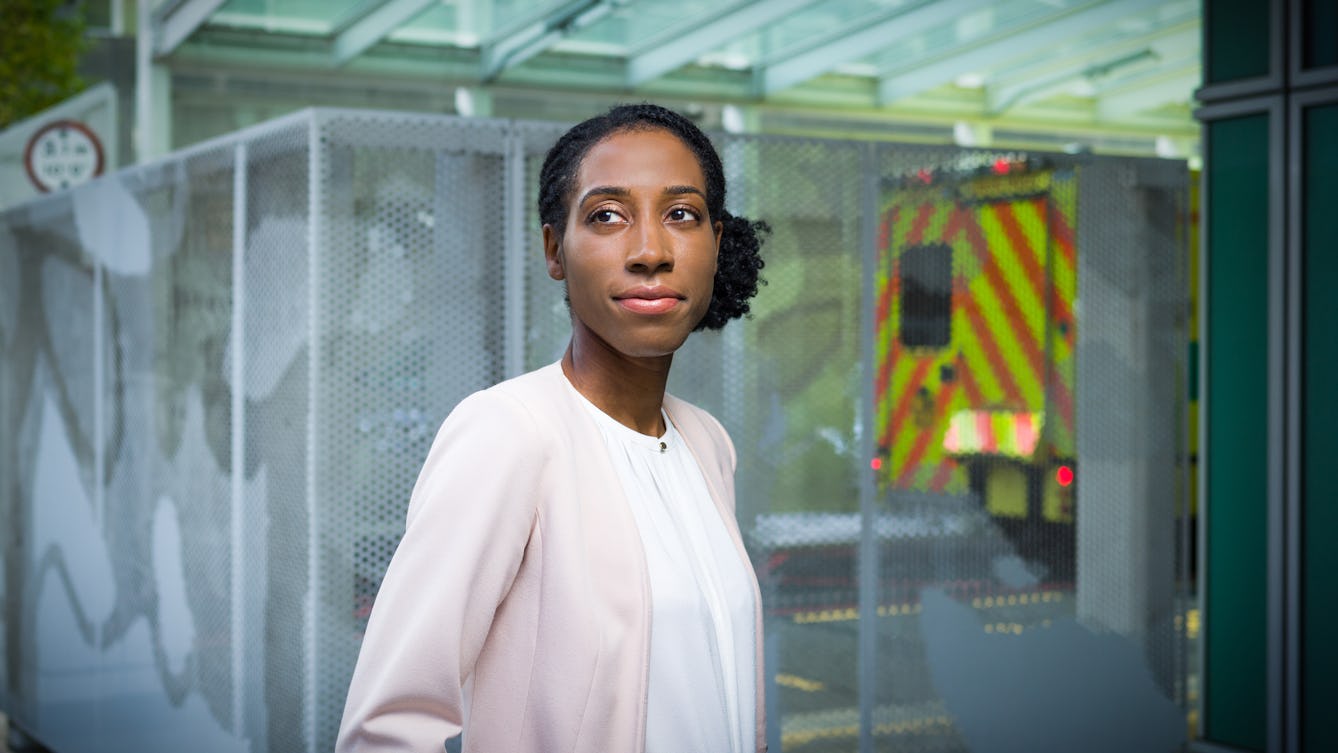 Photographic portrait of urological surgeon, Sarah Itam outside University College Hospital.