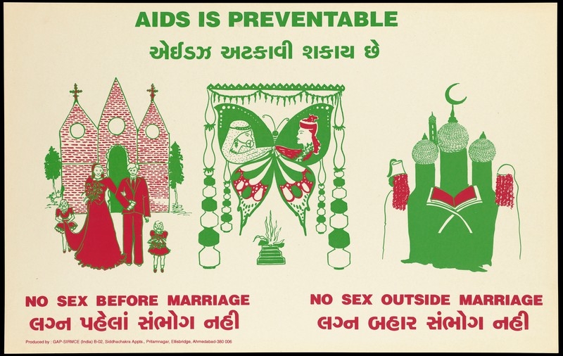 Poster with red and green text saying: AIDS is preventable; No sex before marriage; No sex outside marriage.