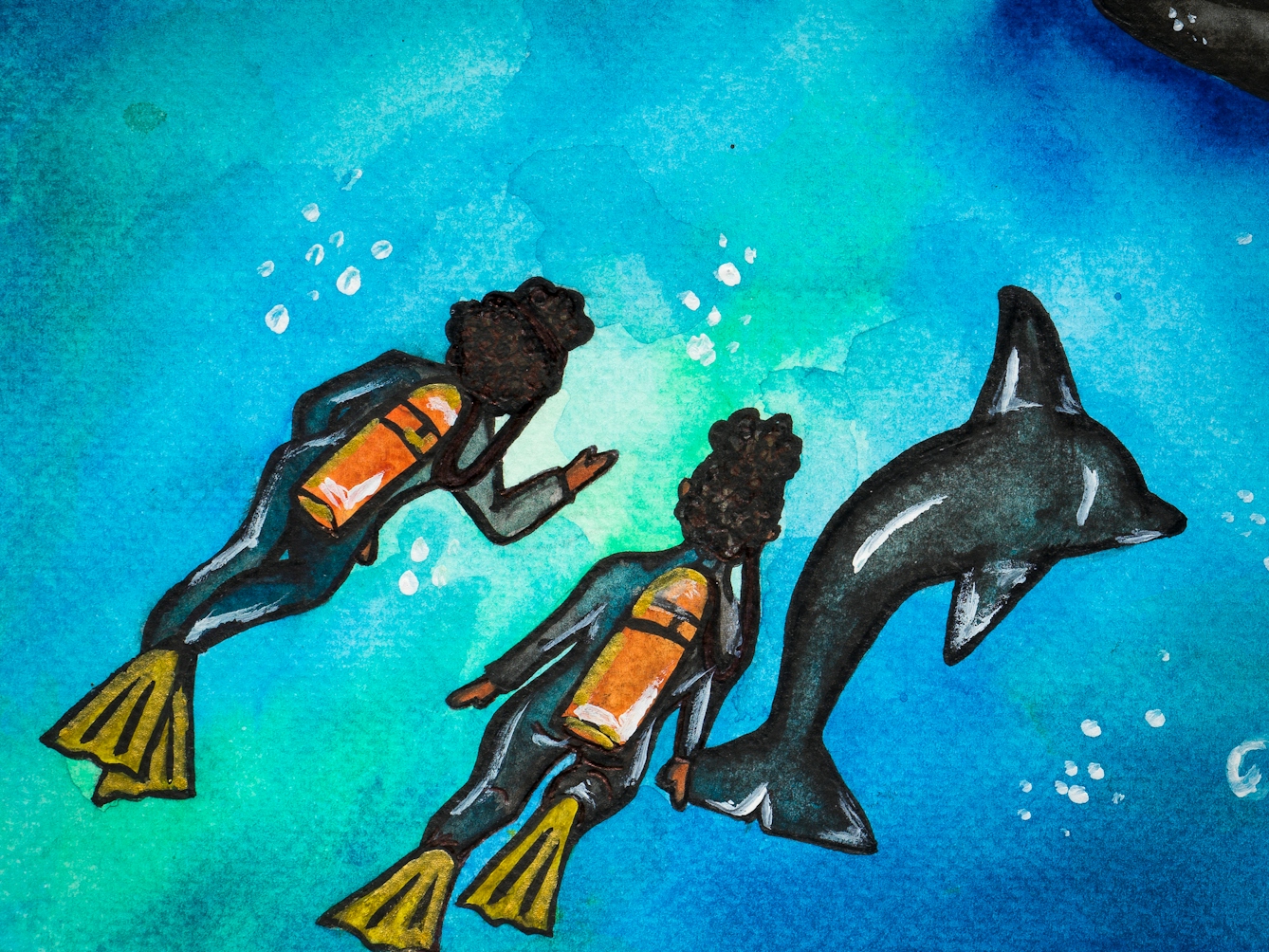 Detail from a larger colourful watercolour artwork.  The artwork shows an underwater scene. There are two figures with scuba diving equipment of flippers and oxygen tanks. There is a dolphin swimming alongside them. 