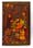The back cover of the Ibn Sina's Canon of medicine manuscript. A red cover featuring drawings of birds, trees, a Doctor taking a woman's pulse and other people holding various objects.