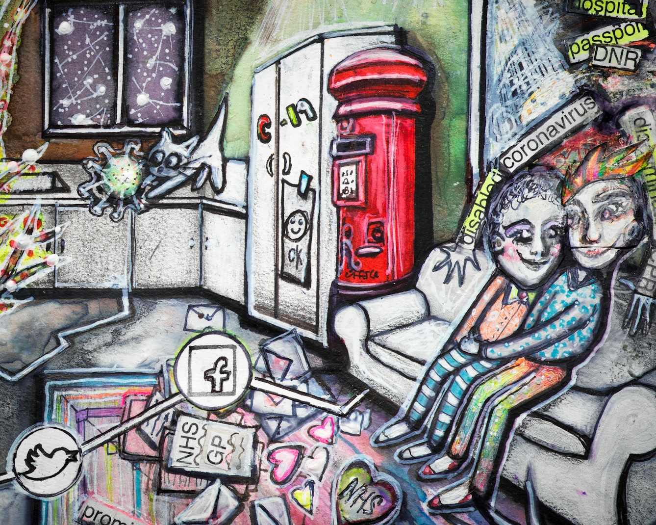 Artwork using watercolour and ink incorporating collaged words throughout the scene. The artwork shows a busy multi-coloured room separated by jagged white lines drawn across the floor incorporating social media icons in circles. On the right hand side of the image there is a red post box, and beside it a couple sit on a sofa cuddling with mail and love hearts around their feet. On the wall a picture frame has the words ‘DNR’, ‘hospital’ and ‘passport’. Two arms with the words ‘corona virus’ on them, reach out from the picture frame attempting to embrace the couple.