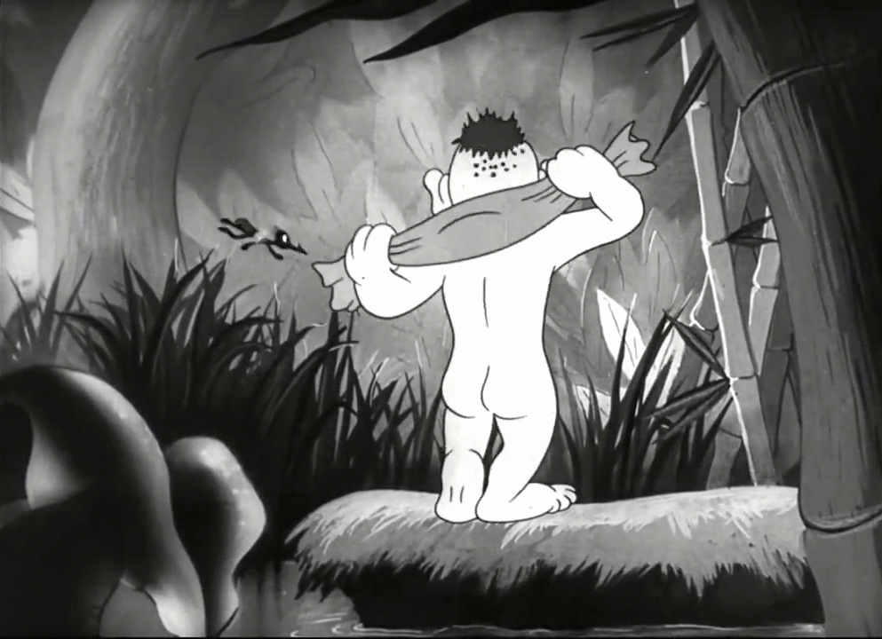 Black and white still image from the film 'Private SNAFU vs. Malaria Mike', showing Snafu drying himself by a forest pool, and Malaria Mike flying close by, about to try to sting him.