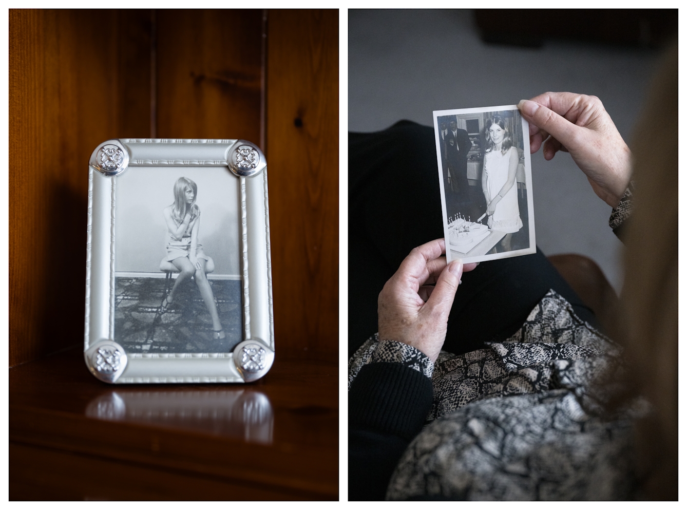 Photographic Diptych of old black and white photographs. The image on the left shows a print in a silver frame on a wooden shelf. The image shows a young woman sitting on a chair. The image on the right shows the same woman cutting a birthday cake. The print is being held in Marie's hands.