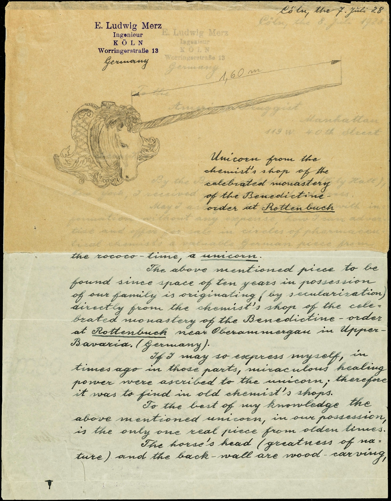 Sketch of a unicorn head on paper headed E. Ludwig Merz and dated 7 July 1928. Letter visible underneath with cursive handwriting discussing the provenance of the piece.