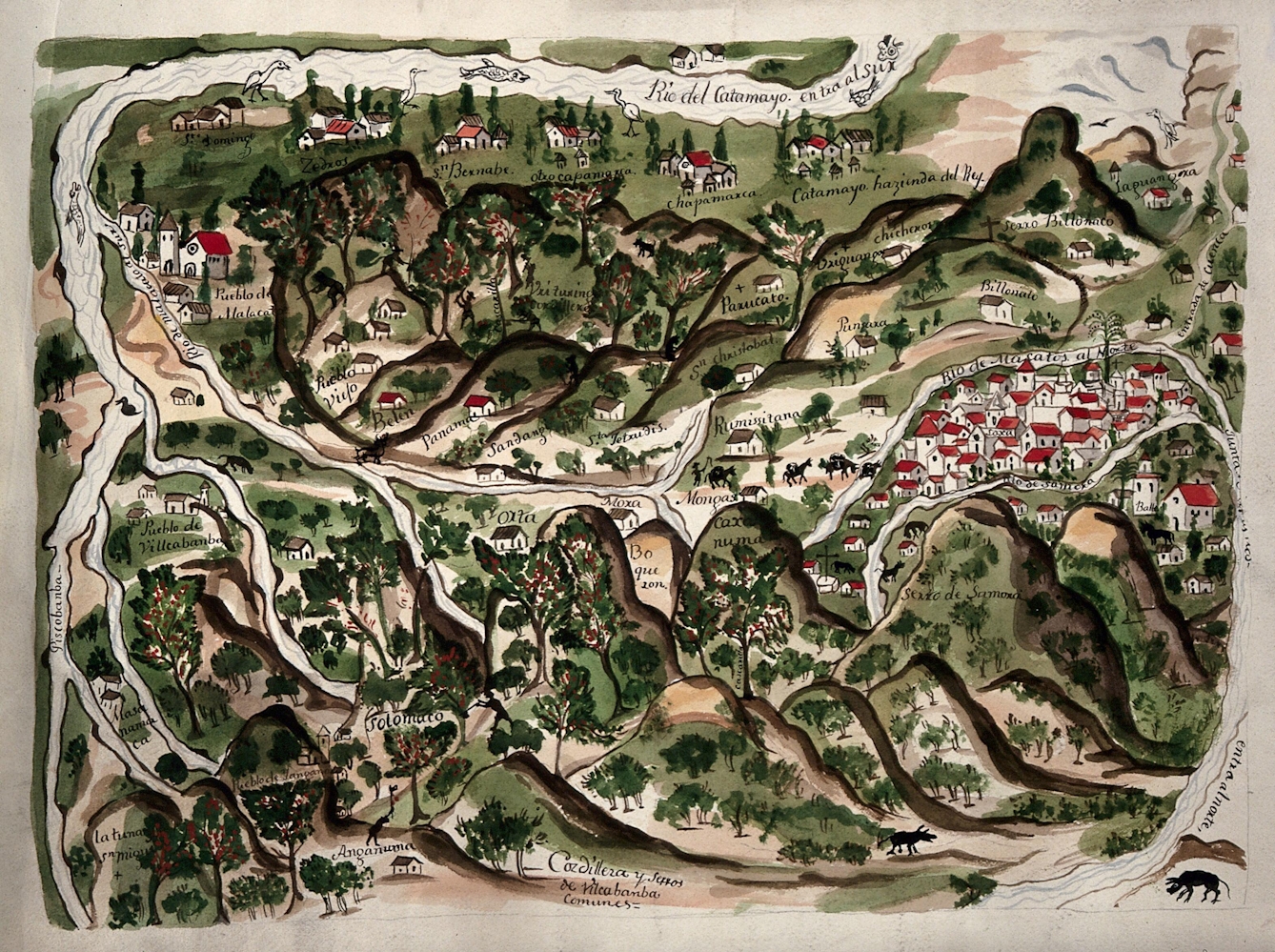 A map of the area of Villcabamba, Ecuador, illustrated with buildings, rivers, people, animals and flowering plants and trees. Watercolour. 1934