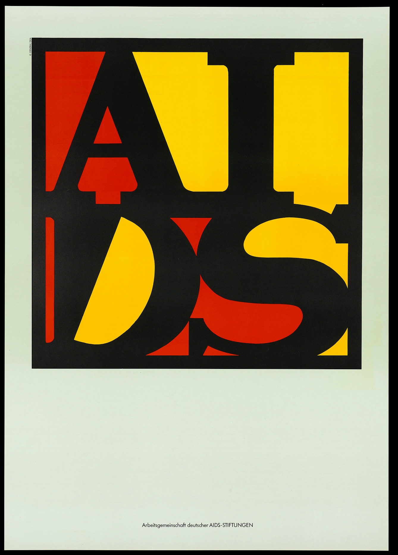 The letters A I D S fill a large square in two rows. The background is red and yellow, with black lettering to represent the colours of the German flag.
