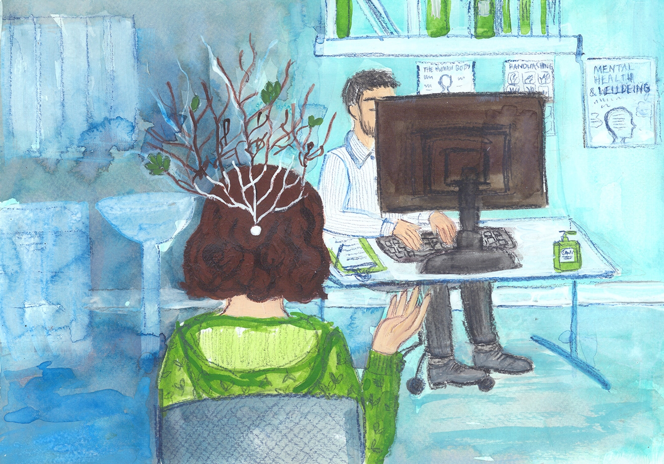 Photograph of a watercolour painting. Shown is the back of a girl with short brown curly hair sitting down in a doctor's office facing a male doctor. A white circle, representing the contraceptive pill, is shown in the centre of her head. A white branching line is coming out of the pill, with the branches extending out of the girl's head. There are a few leaves on several of the branches, although the majority are bare. The girls right arm is raised as if she is gesturing at the doctor. The doctor is sat behind a large desktop computer, typing, with his face slightly obscured. There is a bookshelf behind him and a poster with writing that reads 'Mental health and wellbeing' 