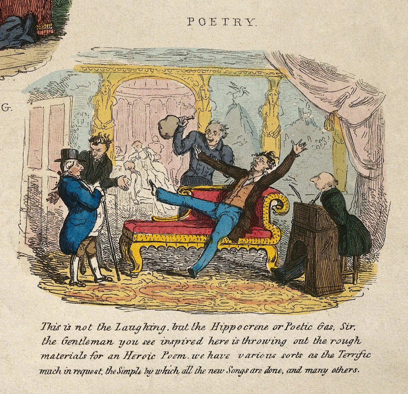 A colour print of a group of five wealthy men in a 19th-century salon or club. One has fallen back onto a chaise-longue, one leg and both arms in the air. Another stands behind the chaise, with a balloon of gas in his right hand, laughing. An older man sits at a small desk to the right smiling at them and two men in conversation stand to the left.