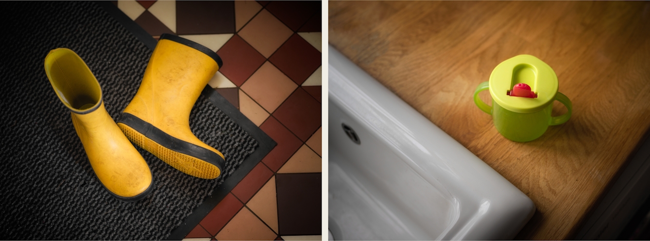 Photographic diptych. The image on the left shows a set of children's yellow wellies, one standing and one laying on its side on the front door matt. The image on the right shows a children’s green sippy cup with red spout on a wooden countertop, with a white ceramic kitchen sink to the bottom left of the frame.