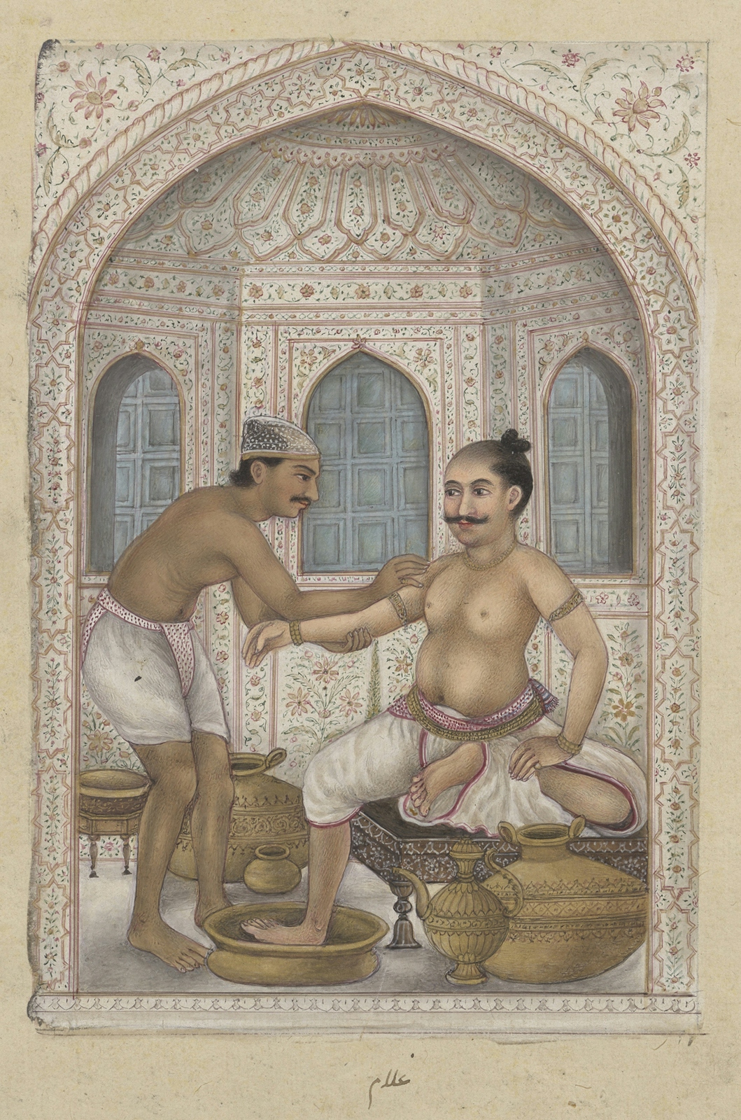 A painting showing two men, one standing, one seated, both bare chested. The standing man is massaging the seated man's arm.