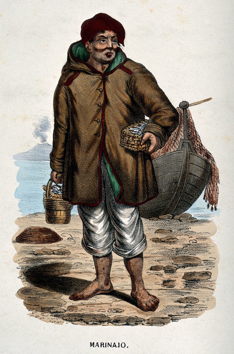 Colour drawing of a sailor with a coat, bear feet carrying baskets